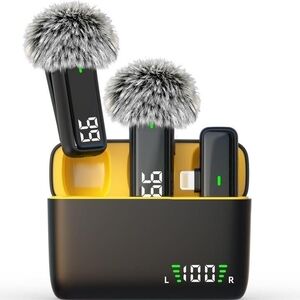 Wireless Earbuds with Windshield Furry Microphone Covers - Black & Yellow